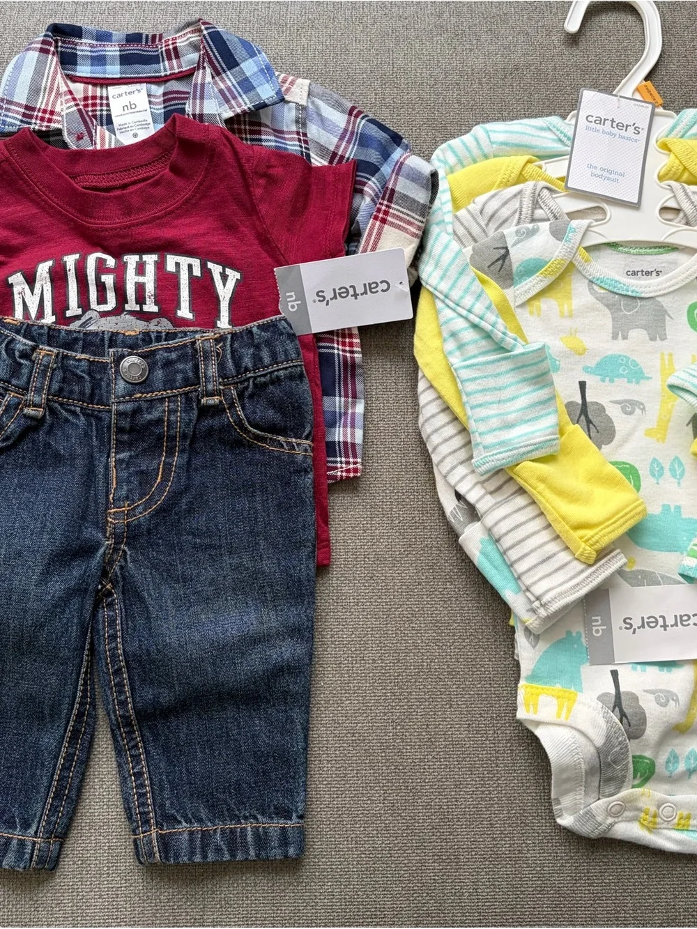 Carters Denim Pants with Plaid Shirt plus Four Pack Long Sleeve Onesies- Newborn